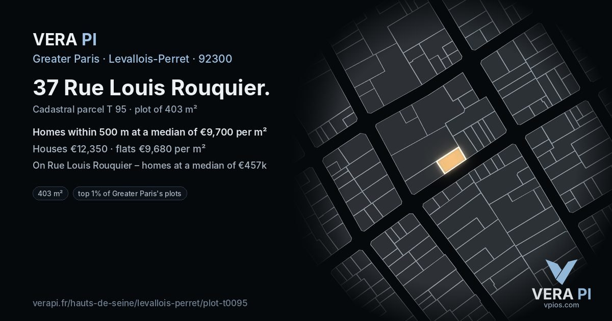 37 Rue Louis Rouquier, Levallois-Perret at night – the plot lit, the parcels around coloured by the prices near them