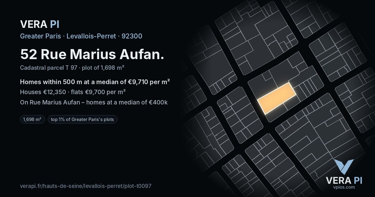 52 Rue Marius Aufan, Levallois-Perret at night – the plot lit, the parcels around coloured by the prices near them