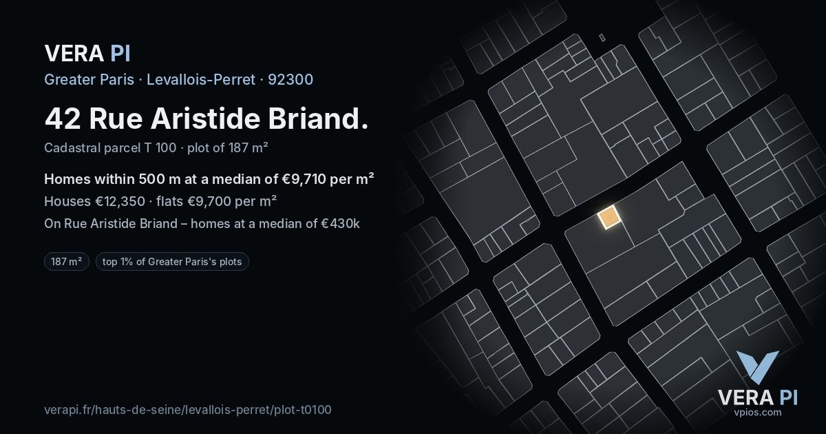 42 Rue Aristide Briand, Levallois-Perret at night – the plot lit, the parcels around coloured by the prices near them