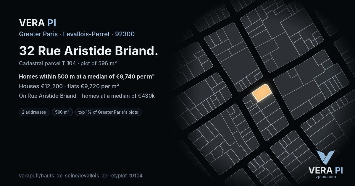 32 Rue Aristide Briand, Levallois-Perret at night – the plot lit, the parcels around coloured by the prices near them