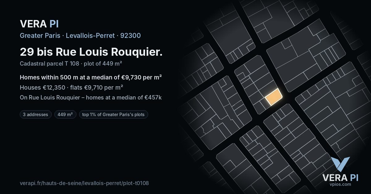 29 bis Rue Louis Rouquier, Levallois-Perret at night – the plot lit, the parcels around coloured by the prices near them