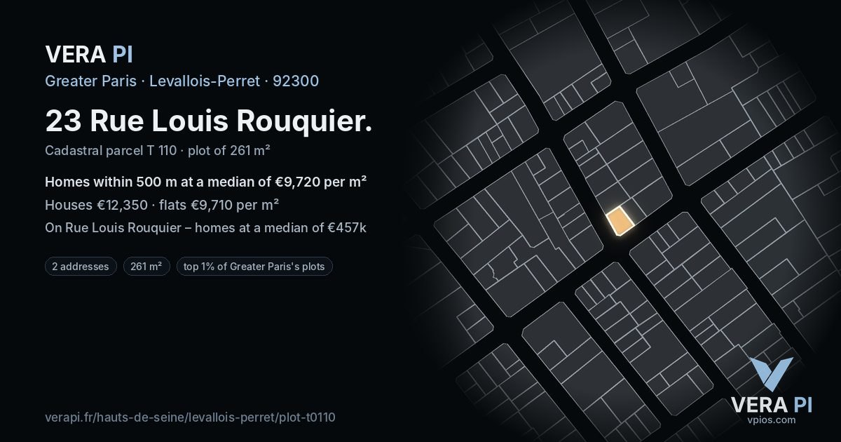 23 Rue Louis Rouquier, Levallois-Perret at night – the plot lit, the parcels around coloured by the prices near them