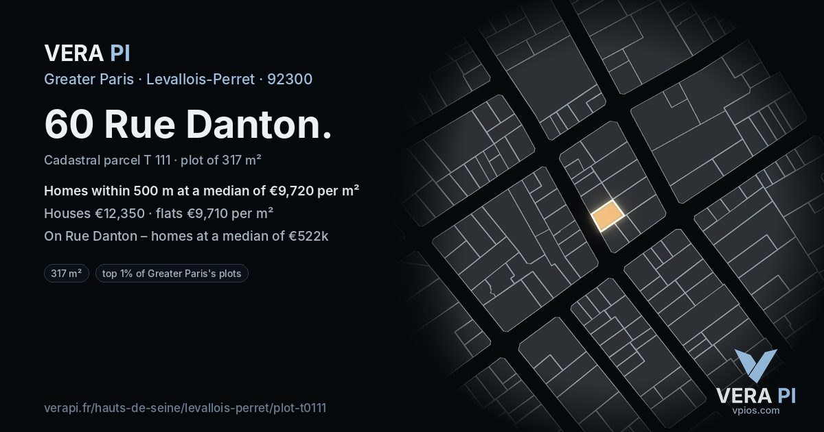 60 Rue Danton, Levallois-Perret at night – the plot lit, the parcels around coloured by the prices near them