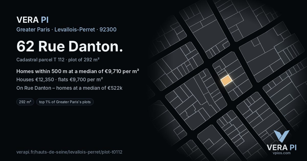 62 Rue Danton, Levallois-Perret at night – the plot lit, the parcels around coloured by the prices near them