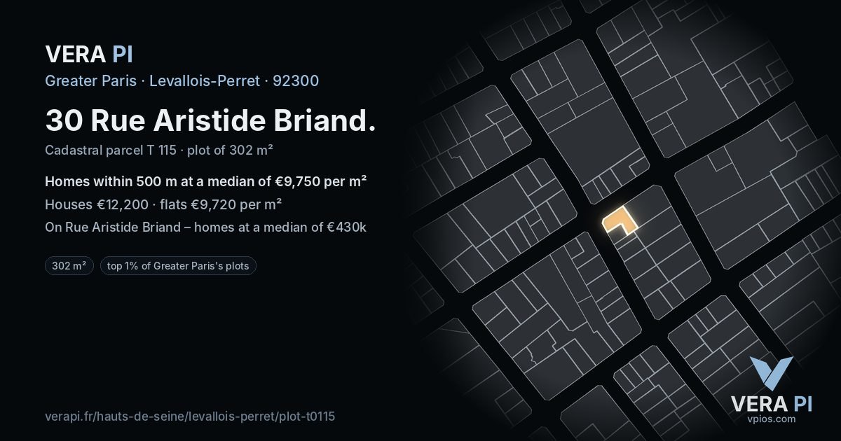 30 Rue Aristide Briand, Levallois-Perret at night – the plot lit, the parcels around coloured by the prices near them