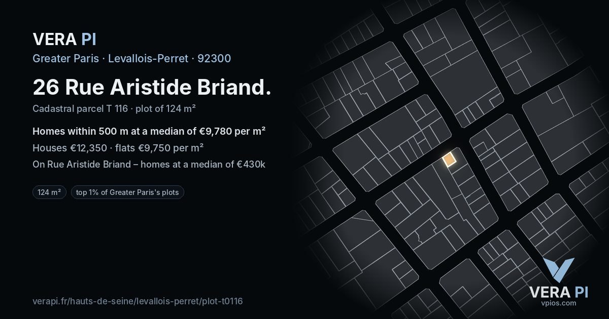 26 Rue Aristide Briand, Levallois-Perret at night – the plot lit, the parcels around coloured by the prices near them