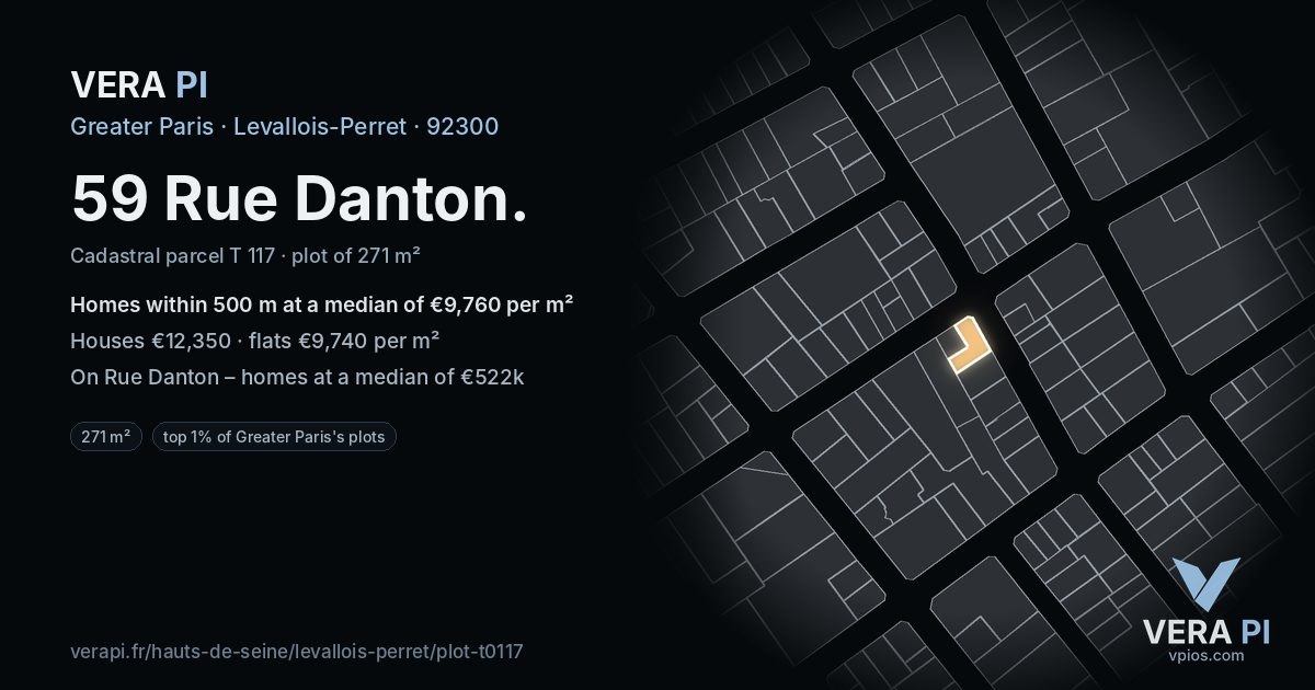59 Rue Danton, Levallois-Perret at night – the plot lit, the parcels around coloured by the prices near them