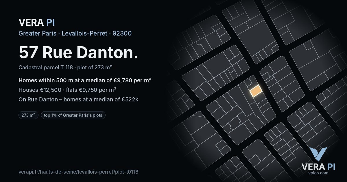 57 Rue Danton, Levallois-Perret at night – the plot lit, the parcels around coloured by the prices near them