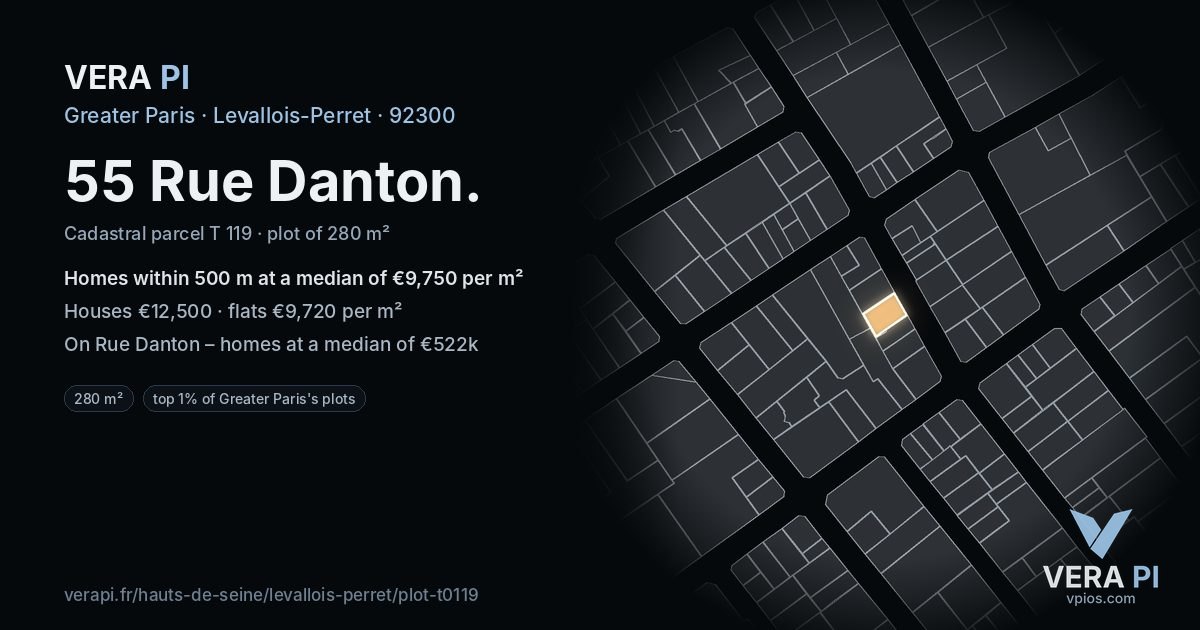 55 Rue Danton, Levallois-Perret at night – the plot lit, the parcels around coloured by the prices near them