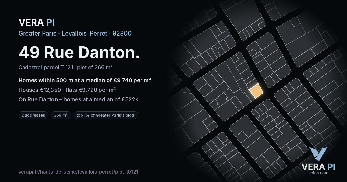 49 Rue Danton, Levallois-Perret at night – the plot lit, the parcels around coloured by the prices near them
