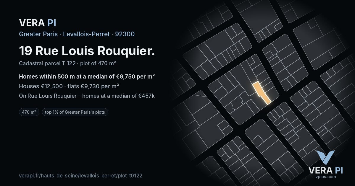 19 Rue Louis Rouquier, Levallois-Perret at night – the plot lit, the parcels around coloured by the prices near them