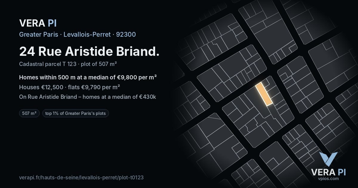 24 Rue Aristide Briand, Levallois-Perret at night – the plot lit, the parcels around coloured by the prices near them