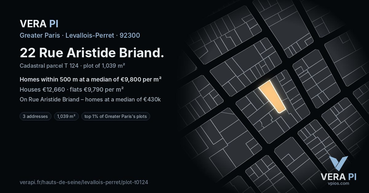 22 Rue Aristide Briand, Levallois-Perret at night – the plot lit, the parcels around coloured by the prices near them