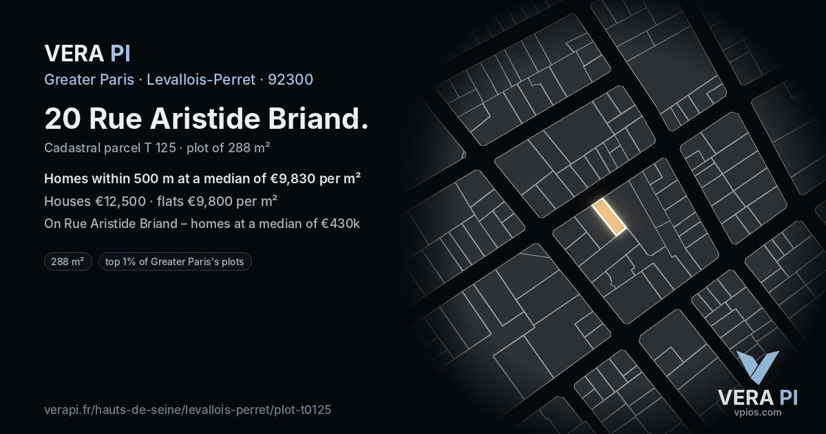 20 Rue Aristide Briand, Levallois-Perret at night – the plot lit, the parcels around coloured by the prices near them