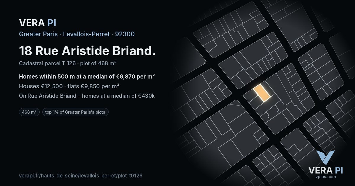 18 Rue Aristide Briand, Levallois-Perret at night – the plot lit, the parcels around coloured by the prices near them