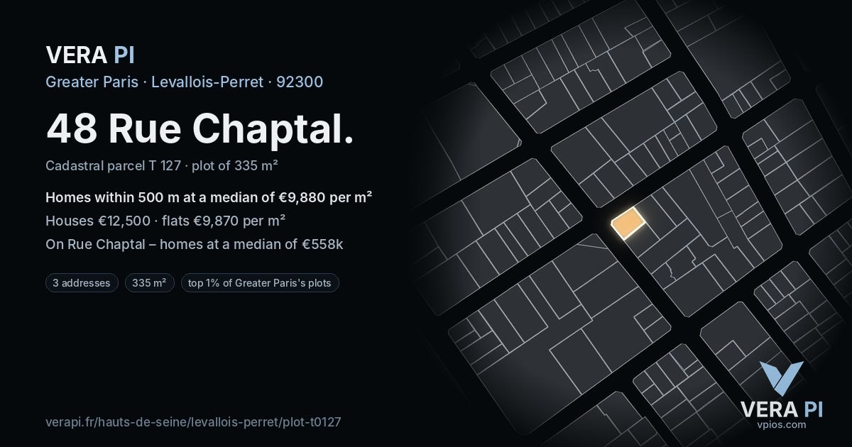 48 Rue Chaptal, Levallois-Perret at night – the plot lit, the parcels around coloured by the prices near them