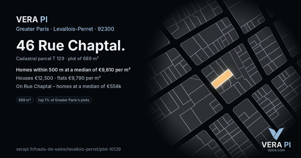 46 Rue Chaptal, Levallois-Perret at night – the plot lit, the parcels around coloured by the prices near them