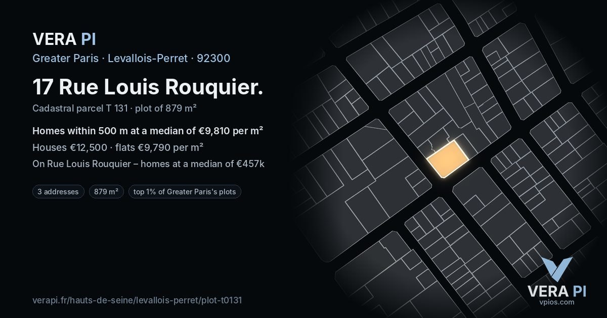 17 Rue Louis Rouquier, Levallois-Perret at night – the plot lit, the parcels around coloured by the prices near them