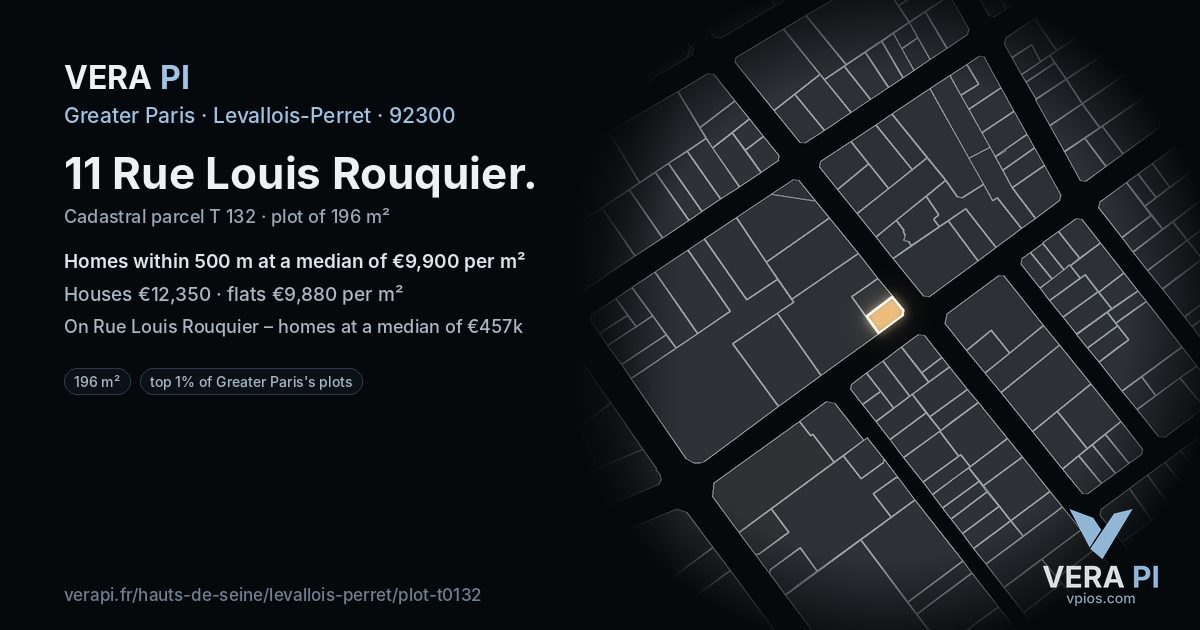 11 Rue Louis Rouquier, Levallois-Perret at night – the plot lit, the parcels around coloured by the prices near them