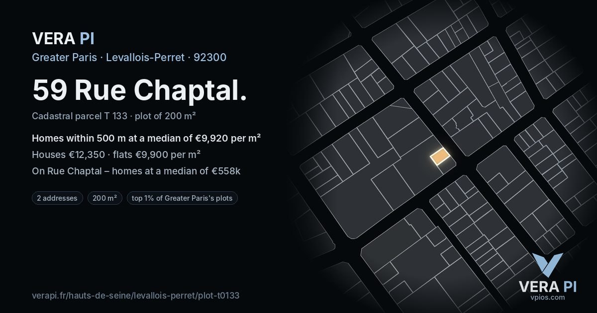 59 Rue Chaptal, Levallois-Perret at night – the plot lit, the parcels around coloured by the prices near them