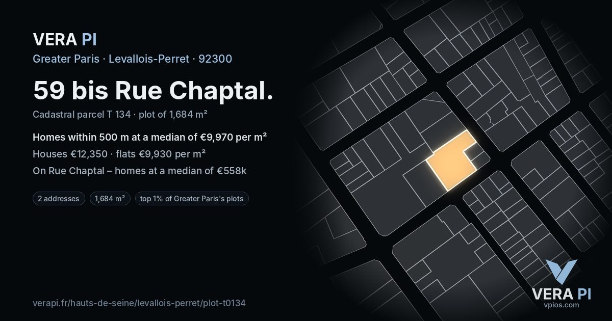 59 bis Rue Chaptal, Levallois-Perret at night – the plot lit, the parcels around coloured by the prices near them