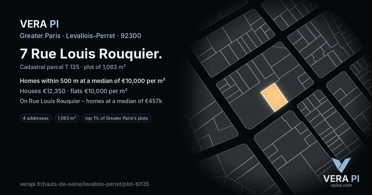 7 Rue Louis Rouquier, Levallois-Perret at night – the plot lit, the parcels around coloured by the prices near them