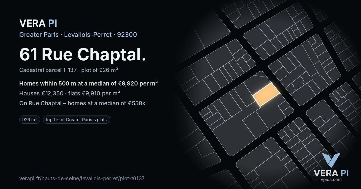 61 Rue Chaptal, Levallois-Perret at night – the plot lit, the parcels around coloured by the prices near them