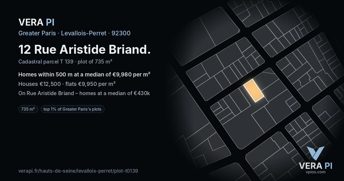 12 Rue Aristide Briand, Levallois-Perret at night – the plot lit, the parcels around coloured by the prices near them