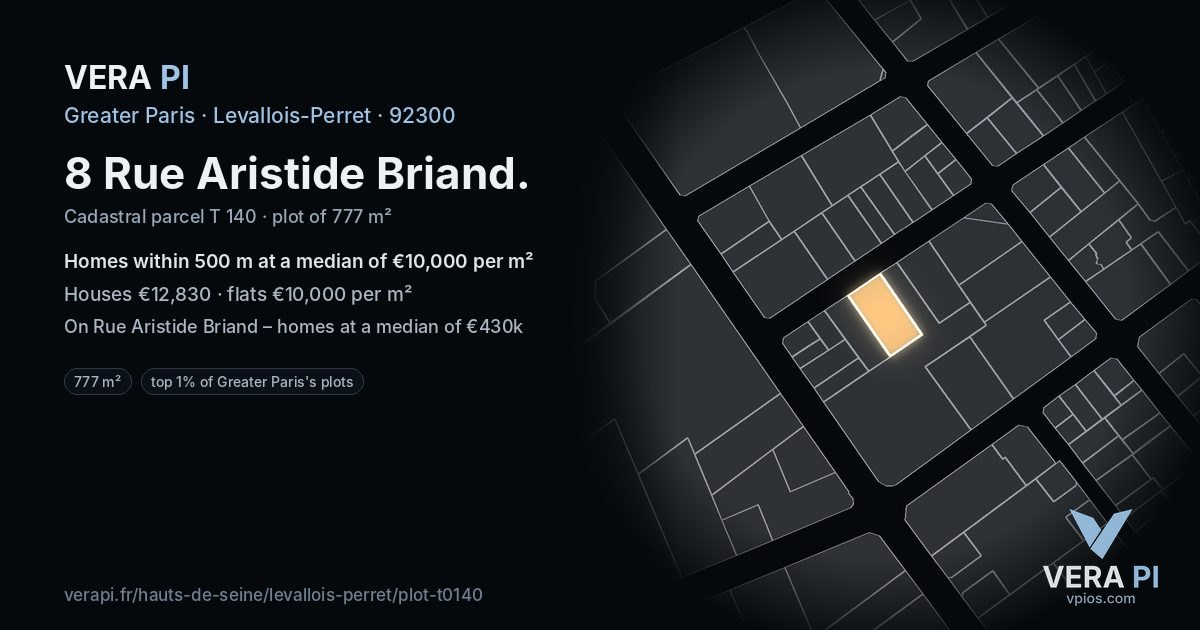 8 Rue Aristide Briand, Levallois-Perret at night – the plot lit, the parcels around coloured by the prices near them