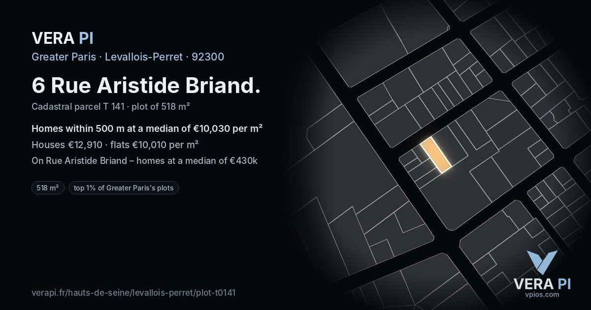6 Rue Aristide Briand, Levallois-Perret at night – the plot lit, the parcels around coloured by the prices near them