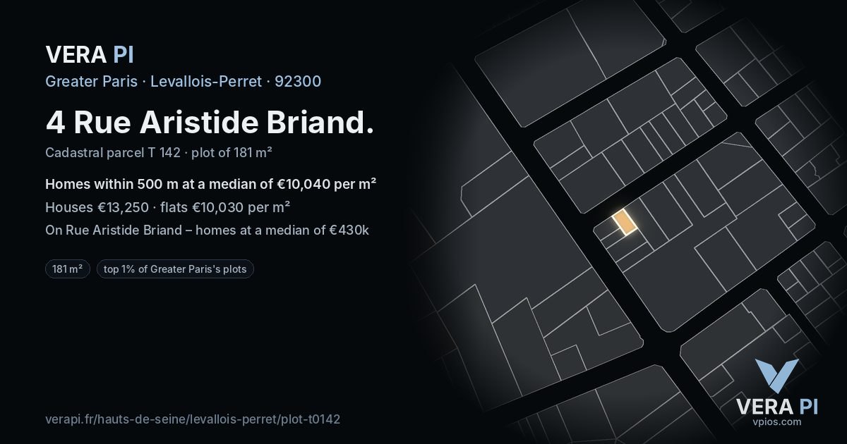 4 Rue Aristide Briand, Levallois-Perret at night – the plot lit, the parcels around coloured by the prices near them