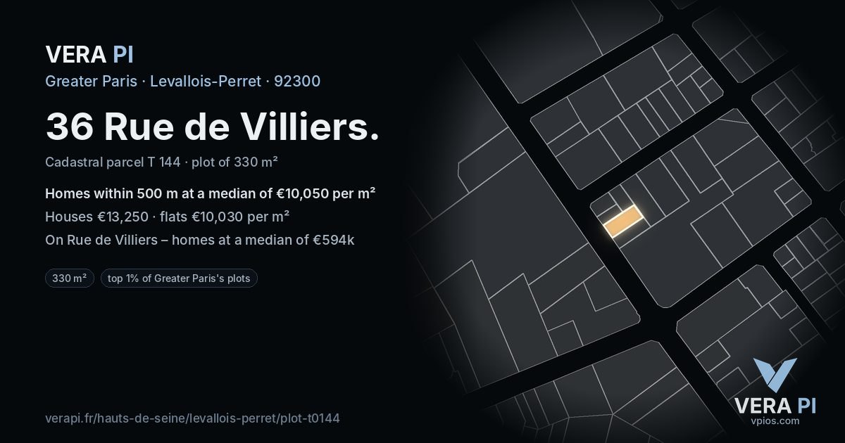 36 Rue de Villiers, Levallois-Perret at night – the plot lit, the parcels around coloured by the prices near them
