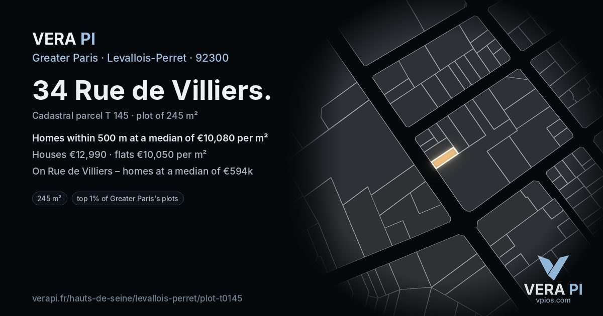 34 Rue de Villiers, Levallois-Perret at night – the plot lit, the parcels around coloured by the prices near them