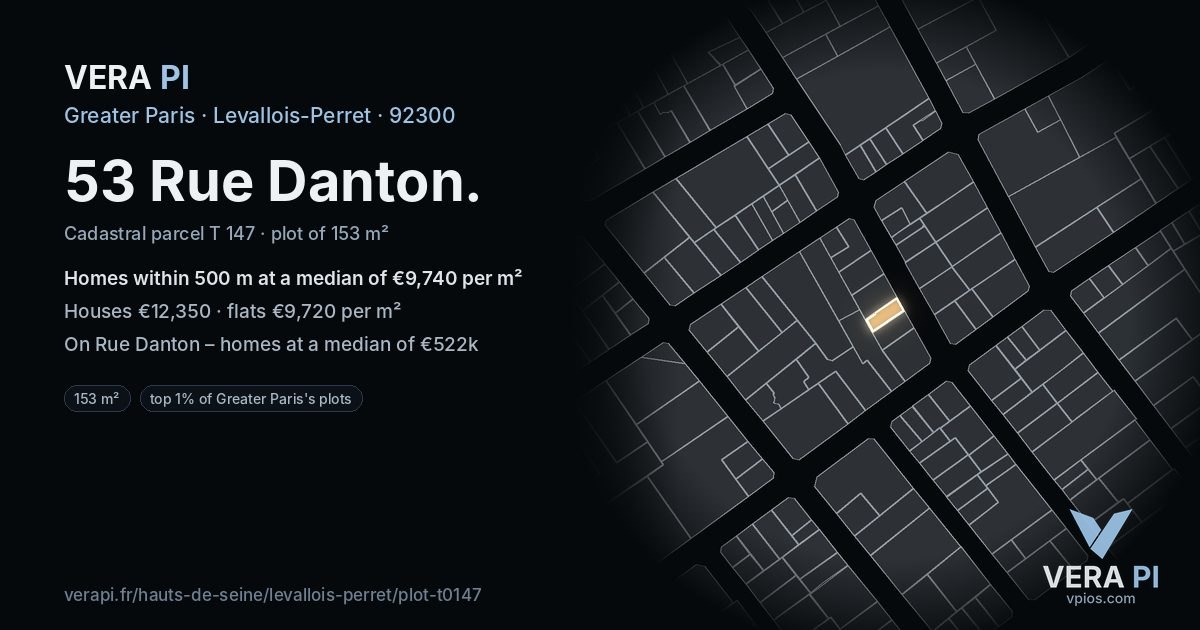 53 Rue Danton, Levallois-Perret at night – the plot lit, the parcels around coloured by the prices near them