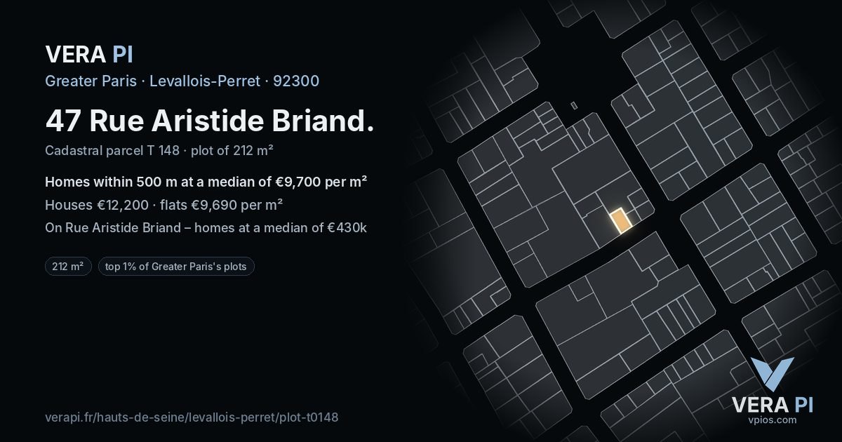 47 Rue Aristide Briand, Levallois-Perret at night – the plot lit, the parcels around coloured by the prices near them