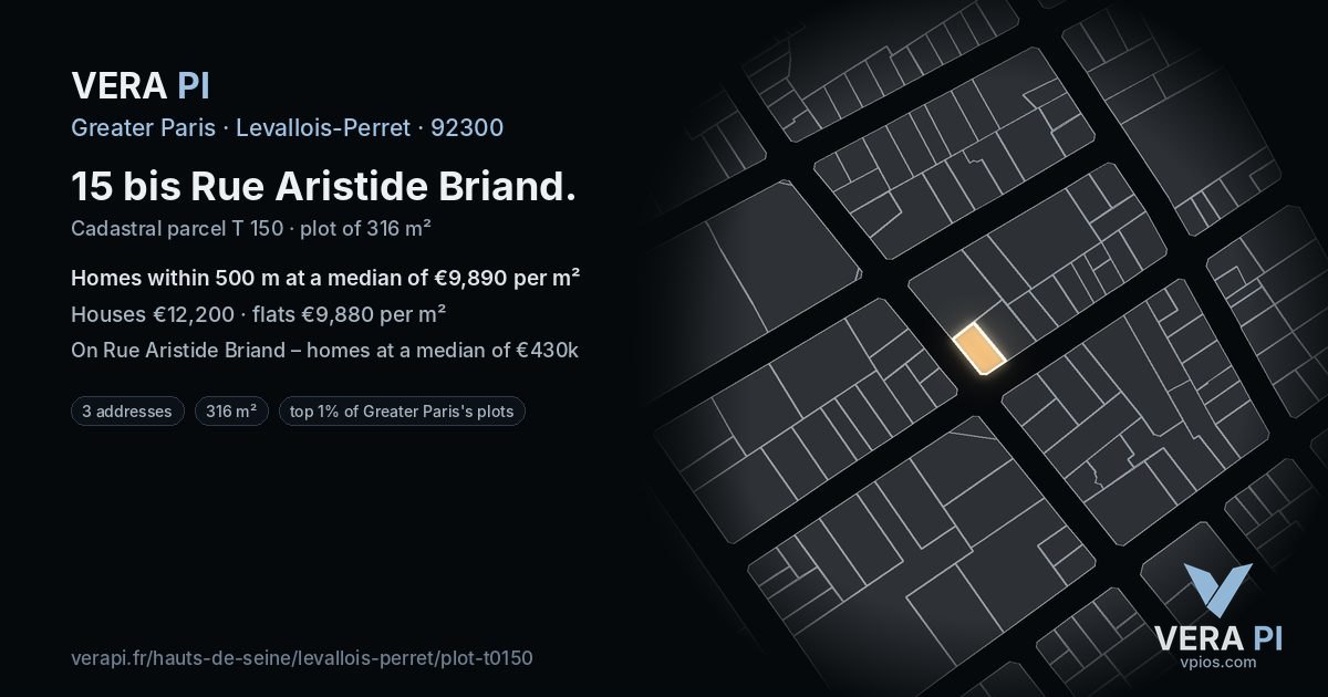 15 bis Rue Aristide Briand, Levallois-Perret at night – the plot lit, the parcels around coloured by the prices near them
