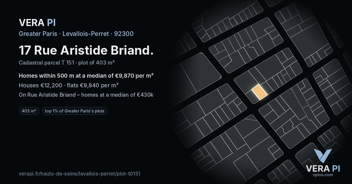 17 Rue Aristide Briand, Levallois-Perret at night – the plot lit, the parcels around coloured by the prices near them