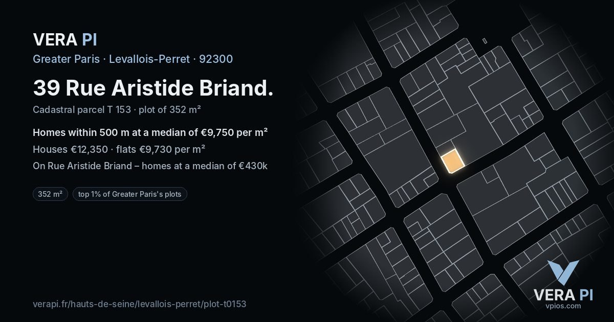 39 Rue Aristide Briand, Levallois-Perret at night – the plot lit, the parcels around coloured by the prices near them