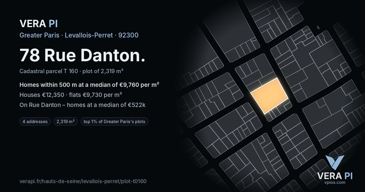 78 Rue Danton, Levallois-Perret at night – the plot lit, the parcels around coloured by the prices near them