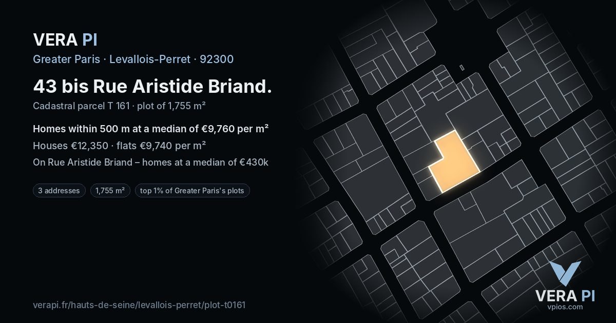43 bis Rue Aristide Briand, Levallois-Perret at night – the plot lit, the parcels around coloured by the prices near them