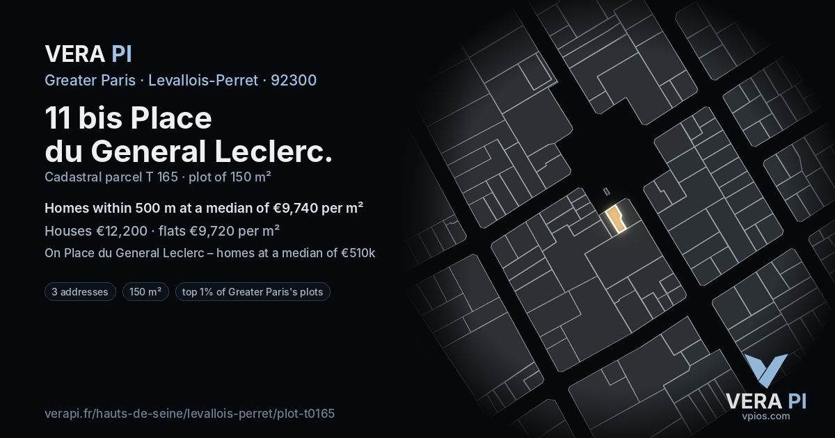 11 bis Place du General Leclerc, Levallois-Perret at night – the plot lit, the parcels around coloured by the prices near them