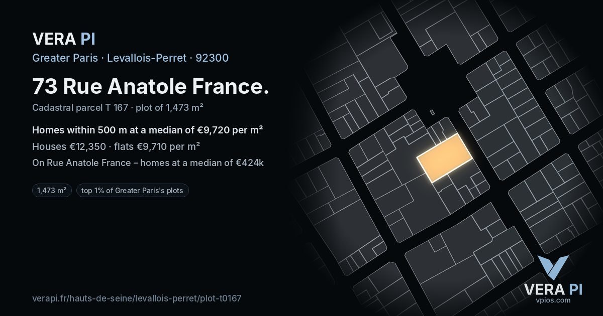 73 Rue Anatole France, Levallois-Perret at night – the plot lit, the parcels around coloured by the prices near them