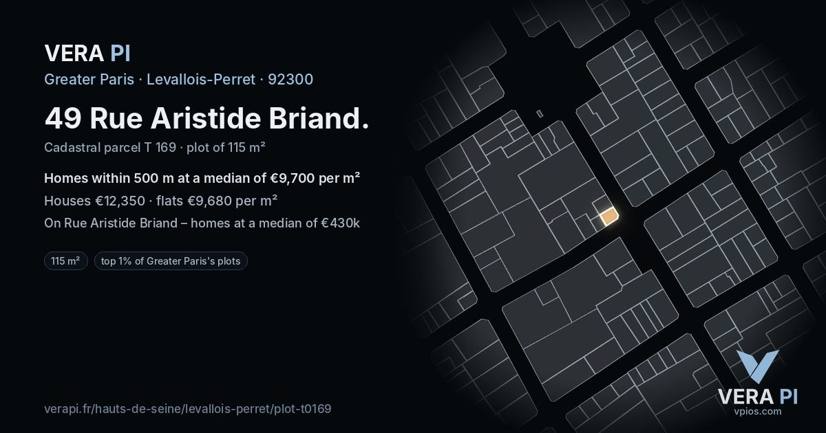49 Rue Aristide Briand, Levallois-Perret at night – the plot lit, the parcels around coloured by the prices near them