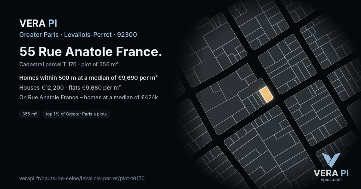 55 Rue Anatole France, Levallois-Perret at night – the plot lit, the parcels around coloured by the prices near them