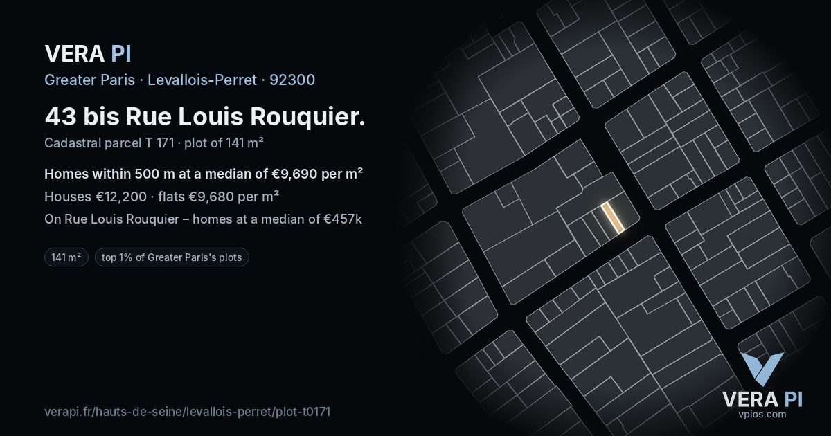 43 bis Rue Louis Rouquier, Levallois-Perret at night – the plot lit, the parcels around coloured by the prices near them