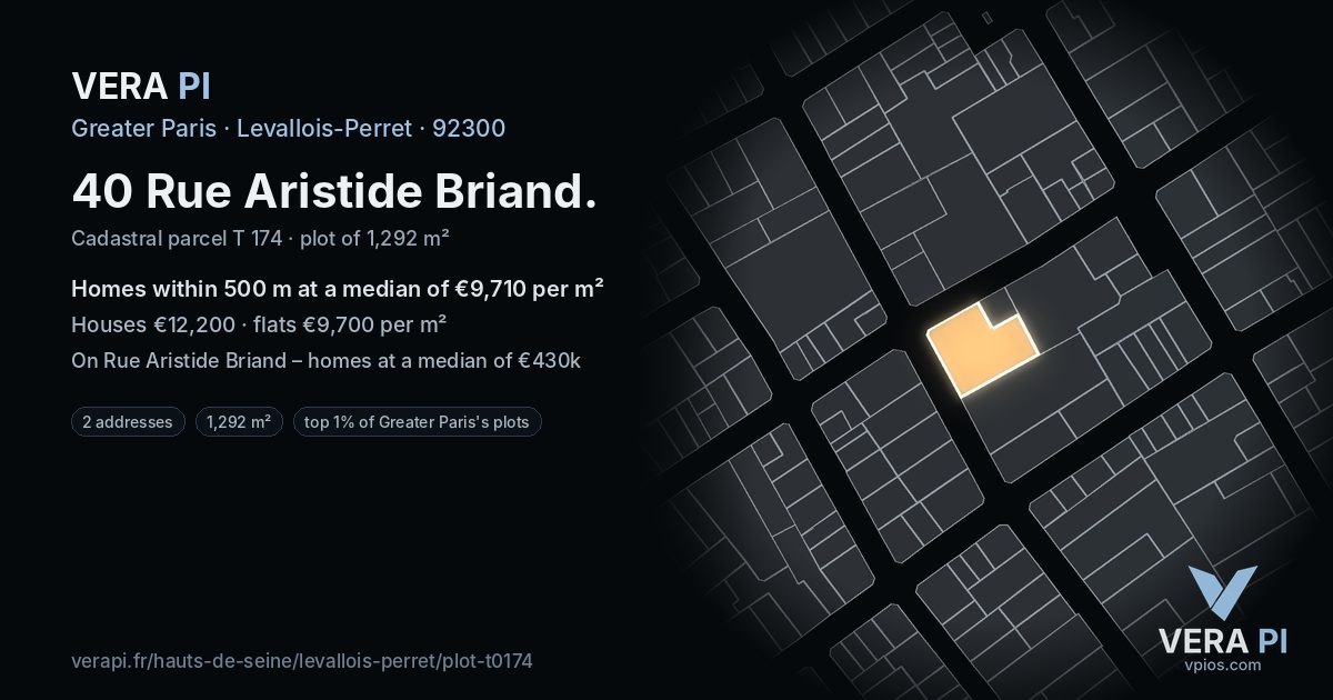 40 Rue Aristide Briand, Levallois-Perret at night – the plot lit, the parcels around coloured by the prices near them