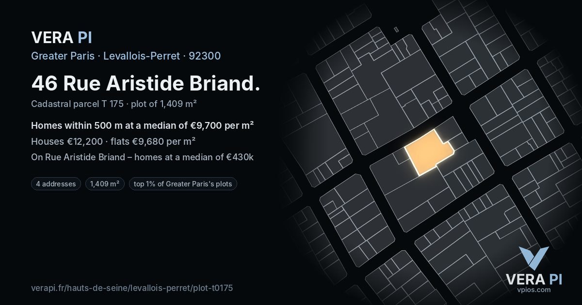 46 Rue Aristide Briand, Levallois-Perret at night – the plot lit, the parcels around coloured by the prices near them