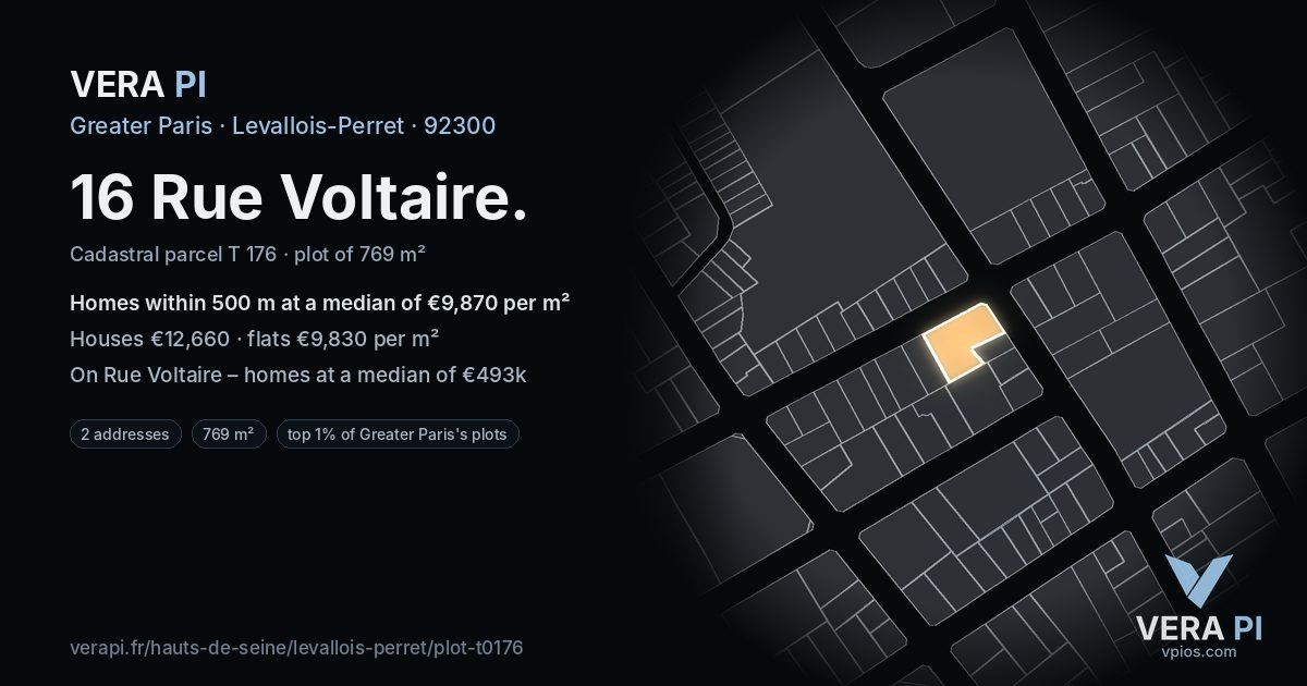 16 Rue Voltaire, Levallois-Perret at night – the plot lit, the parcels around coloured by the prices near them