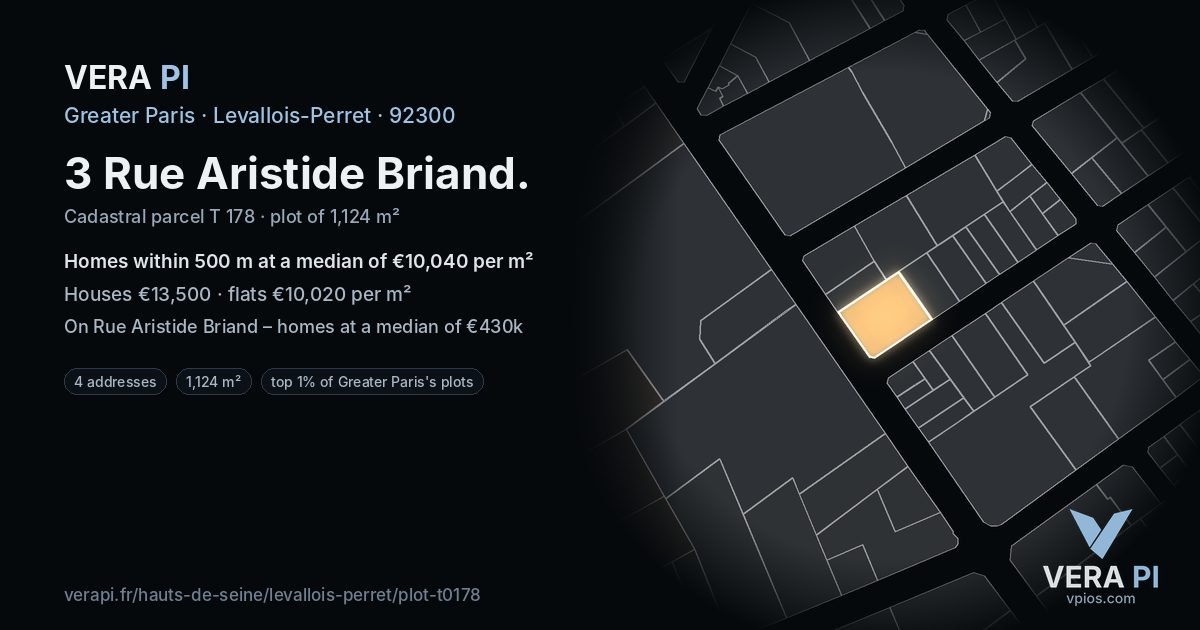 3 Rue Aristide Briand, Levallois-Perret at night – the plot lit, the parcels around coloured by the prices near them