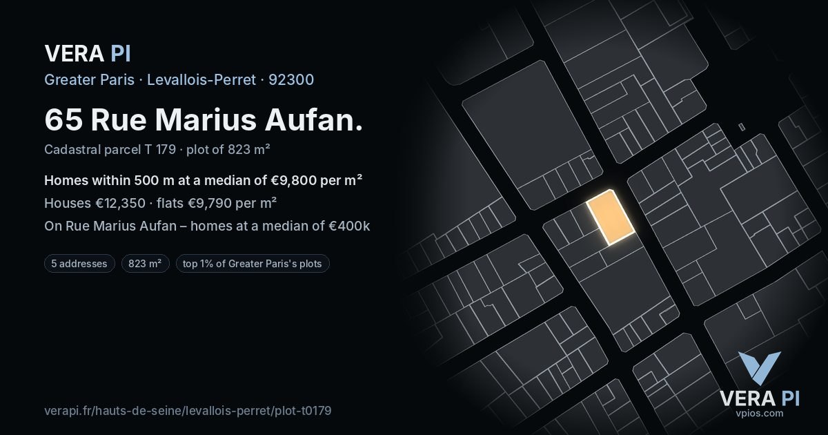 65 Rue Marius Aufan, Levallois-Perret at night – the plot lit, the parcels around coloured by the prices near them